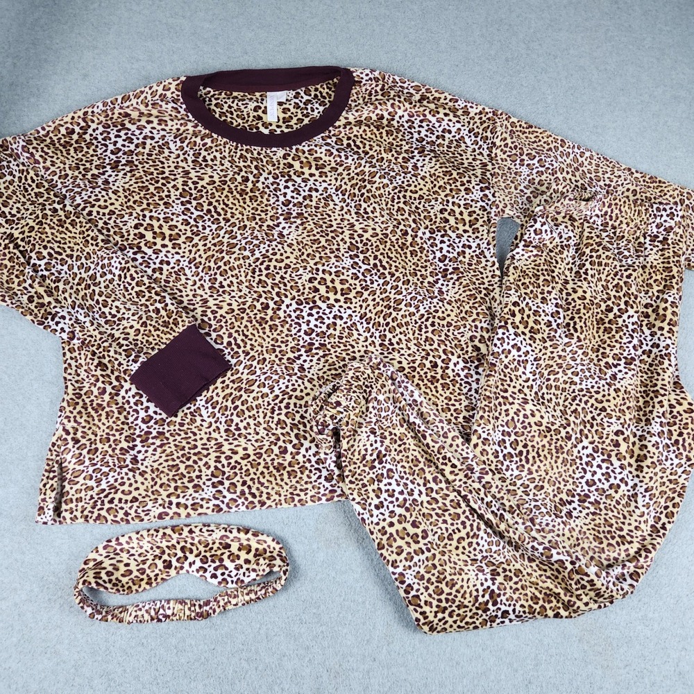 Joyspun 3 Piece Pajama Set Womens Medium Brown Leopard Print Comfy Relaxed Fit